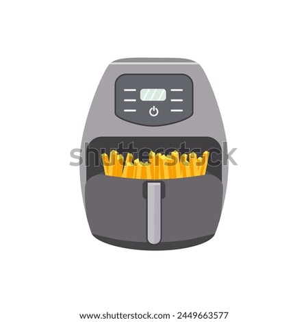  air fryer drawer pulled out, revealing golden brown fries inside. Сooking process is complete