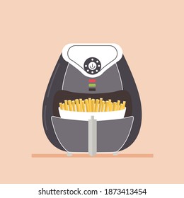 Air fryer equipment for fast food preparation. Home appliances for making fast food. Cooking French fries without oil. Modern vector flat isolated illustration