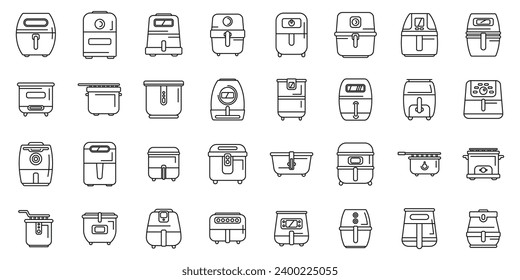 Air fryer icons set outline vector. Fry bakery cook. Healthy chip food