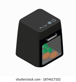 Air Fryer isometric view vector illustration with broccoli and potato inside