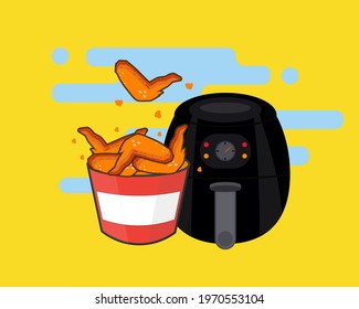 Air fryer kitchen tool. Fried Chicken in a bucket.  Cartoon vector style for your design.