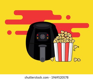 Air fryer kitchen tool. Popcorn in a bucket.  Cartoon vector style for your design.