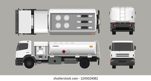 Air fuel truck. Front, side, top and back view. Maintenance of aircraft. Airfield transport. Tanker for airplane. Industrial 3d realistic blueprint. Vector isolated  illustration.