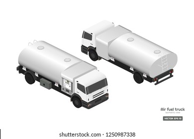 Air Fuel Truck In Isometric Style. Maintenance Of Aircraft. Airfield Transport. Tanker For Airplane. Industrial 3d Realistic Drawing Vector Isolated  Illustration.