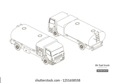 Air fuel truck in isometric style. Industrial outline drawing. Maintenance of aircraft. Airfield transport. Tanker for airplane. Vector isolated  illustration.