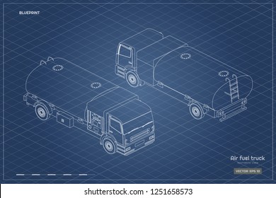 Air fuel truck in isometric style. Industrial outline blueprint. Maintenance of aircraft. Airfield transport. Tanker for airplane. Vector isolated  illustration