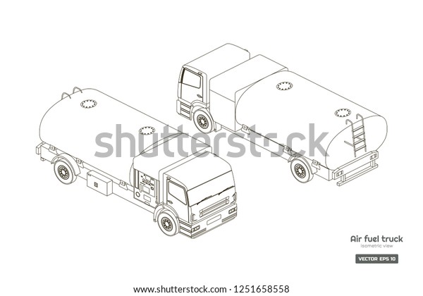 Air fuel truck in\
isometric style. Industrial outline drawing. Maintenance of\
aircraft. Airfield transport. Tanker for airplane. Vector isolated \
illustration.