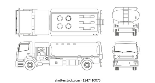 Air fuel truck in outline style. Front, side, top and back view. Maintenance of aircraft. Airfield transport. Tanker for airplane. Industrial blueprint. Vector isolated  illustration.