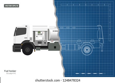 Air fuel truck in outline style. Front, side, top and back view. Maintenance of aircraft. Airfield transport. Tanker for airplane. Industrial 3d realistic blueprint. Vector isolated  illustration.