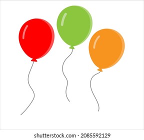 Air gel balloons for happy holiday, party, birthday. Flying balloon with rope. Flat icon. Red, green, orange ball on a white background. Vector.