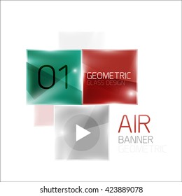 Air glossy square composition, glass geometric elements with infographic sample text and buttons