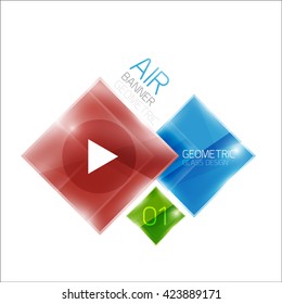 Air glossy square composition, glass geometric elements with infographic sample text and buttons