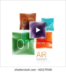 Air glossy square composition, glass geometric elements with infographic sample text and buttons