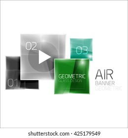 Air glossy square composition, glass geometric elements with infographic sample text and buttons