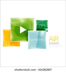 Air glossy square composition, glass geometric elements with infographic sample text and buttons