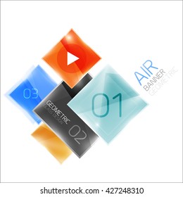 Air glossy square composition, glass geometric elements with infographic sample text and buttons