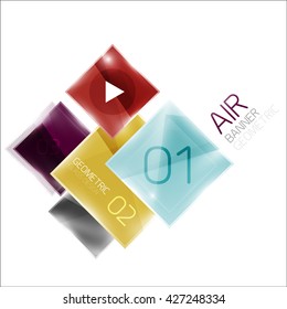 Air glossy square composition, glass geometric elements with infographic sample text and buttons