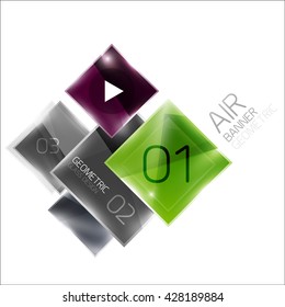 Air glossy square composition, glass geometric elements with infographic sample text and buttons