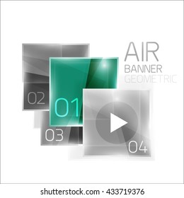 Air glossy square composition, glass geometric elements with infographic sample text and buttons