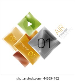 Air glossy square composition, glass geometric elements with infographic sample text and buttons