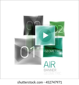 Air glossy square composition, glass geometric elements with infographic sample text and buttons