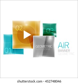 Air glossy square composition, glass geometric elements with infographic sample text and buttons