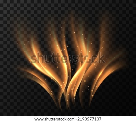 Air golden waves. Magic light effect. Vector shimmering swirl lines