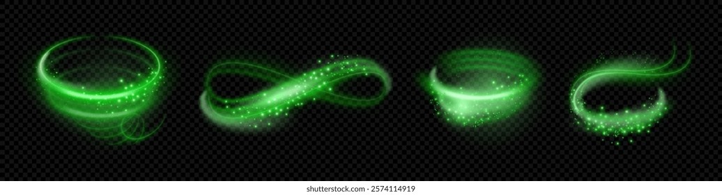 Air or green wind flow, isolated set of realistic trails with light and sparkling effects. Vector vortex and traces, glowing stream or circles, spirals and whirlwinds of airflow motion with twinkles