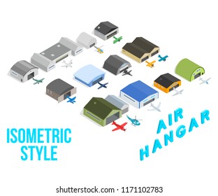 Air hangar concept icons set. Isometric set of air hangar concept vector icons for web isolated on white background