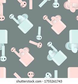 Air headphones in box on seamless pattern. Vector ilustration.