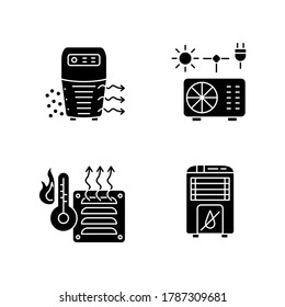 Air heating black glyph icons set on white space. Air purifier, hybrid conditioner, heater and dehumidifier silhouette symbols. Various domestic ventilation appliances. Vector isolated illustrations