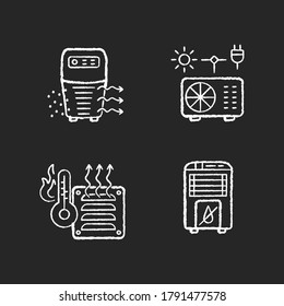 Air heating chalk white icons set on black background. Air purifier, hybrid conditioner, heater and dehumidifier. Various domestic ventilation appliances. Isolated vector chalkboard illustrations