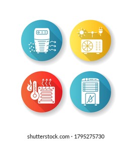 Luftheizungsflaeche Design langen Schattenglyph-Symbole Set. Luftreiniger, Hybridkonditionierer, Heizofen und Entfeuchter. Verschiedene Haushaltsbelüftungsanlagen. Silhouette RGB Farbillustration