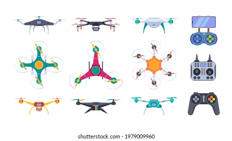 Air helicopters. Delivery drones with camera aerial outdoor photography smart aircraft systems garish vector flat pictures set