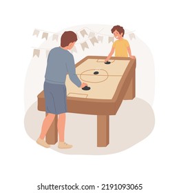 Air hockey isolated cartoon vector illustration. Father and son playing air hockey, exiting competition, family having fun together, amusement park indoor activity, table game vector cartoon.