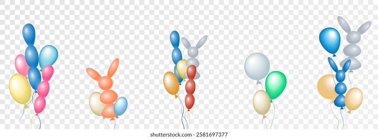 Air holiday balloons on a transparent background, template for advertising, banner, birthday. Vector, png. Festive 3D helium balloons.