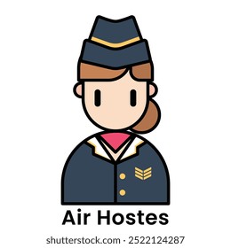 Air Hostes avatar character cartoon design style, Editable vector stroke outline.