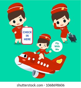 Air Hostess and airplane cartoon set