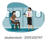 Air hostess concept. Stewardess serving drinks for man working on laptop. Flat vector modern illustration 