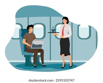 Air hostess concept. Stewardess serving drinks for man working on laptop. Flat vector modern illustration 