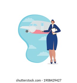 Air hostess or flight attendant  presenting her company services. Air hostess in uniform with red neckerchief . Isolated flat vector illustration