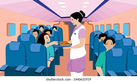 Air Hostess with a food serving  to passengers on board of the aircraft - vector, Illustration