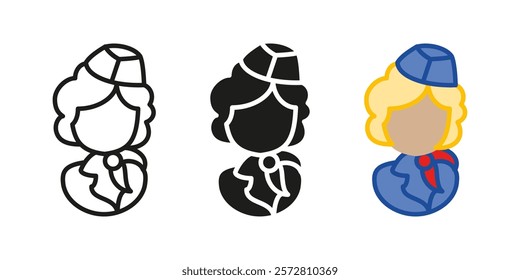 Air hostess icon. Stewardess uniform vector illustration. Flight attendant female character symbol. Airline service woman sign. Plane aviation assistant pictogram. Pilot aviation crew. Travel worker.