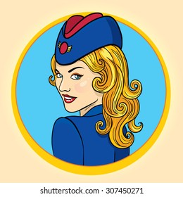 Air Hostess Retro Style Vector Illustration. Aviator Woman.