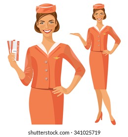 Air hostess. Stewardess holding ticket in her hand. Woman in official clothes