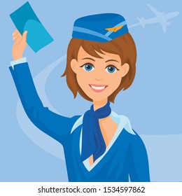 Air hostess with air ticket in hand