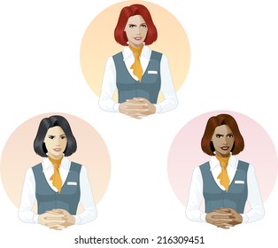 in air hostess uniform ready to answer support expert caucasian asian and mixed race women of color
