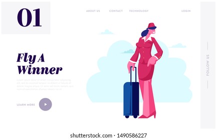 Air Hostess Website Landing Page. Stewardess Flight Attendant Girl in Red Uniform Holding Suitcase Prepare to Flight by Airplane, Airline Staff Aviation Profession. Cartoon Flat Vector Illustration