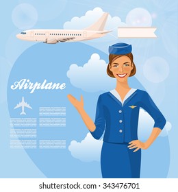 Air hostess. Woman in official clothes. Cute cheerful female flight attendant in blue uniform