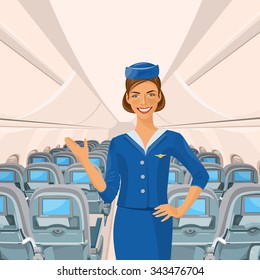 Air hostess. Woman in official clothes. Cute cheerful female flight attendant in blue uniform